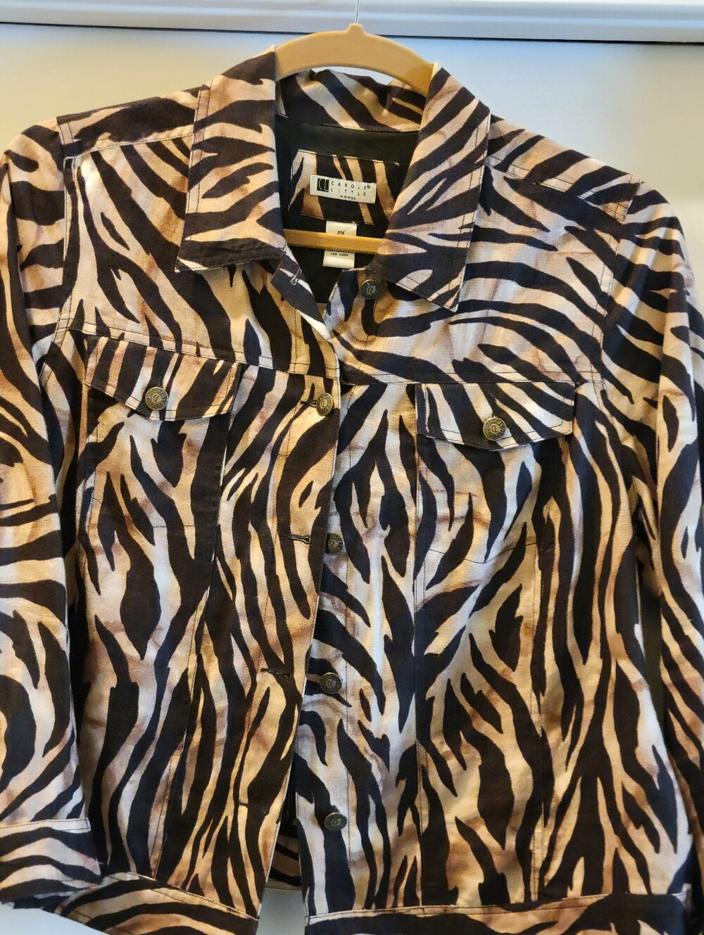 Vintage Carole Little 100% Linen Size 2X. Zebra Print Button-Front Jacket.
